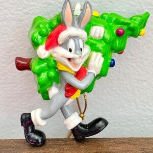 VINTAGE Warner Bros Looney Tunes BUGS BUNNY holding CHRISTMAS TREE Ornament 2000